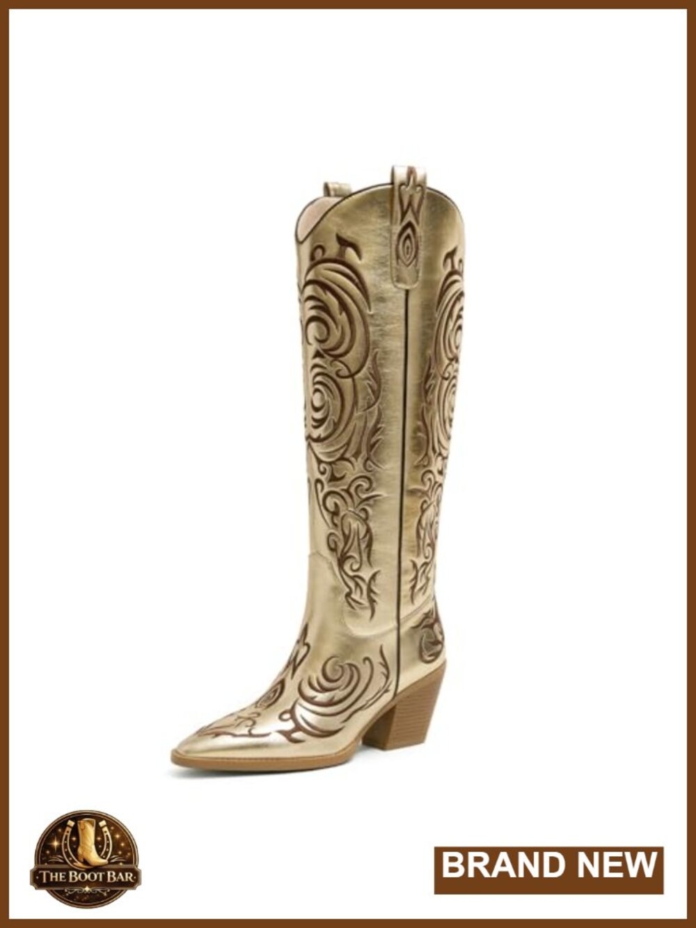 Knee-High Western Boots Pointed Toe Floral Embroidered Faux Leather
